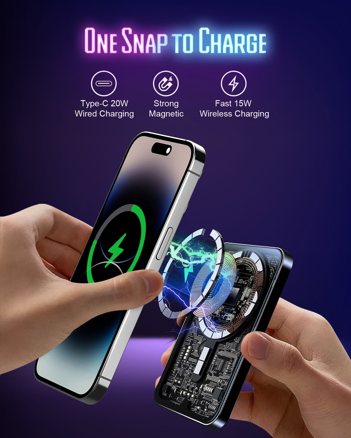 Bezdrátová přenosná nabíječka HINOVO MB1-5000xb, magnetická bezdrátová powerbanka 5000 mAh, rychlé nabíjení PD 20 W, kyberpunkový styl