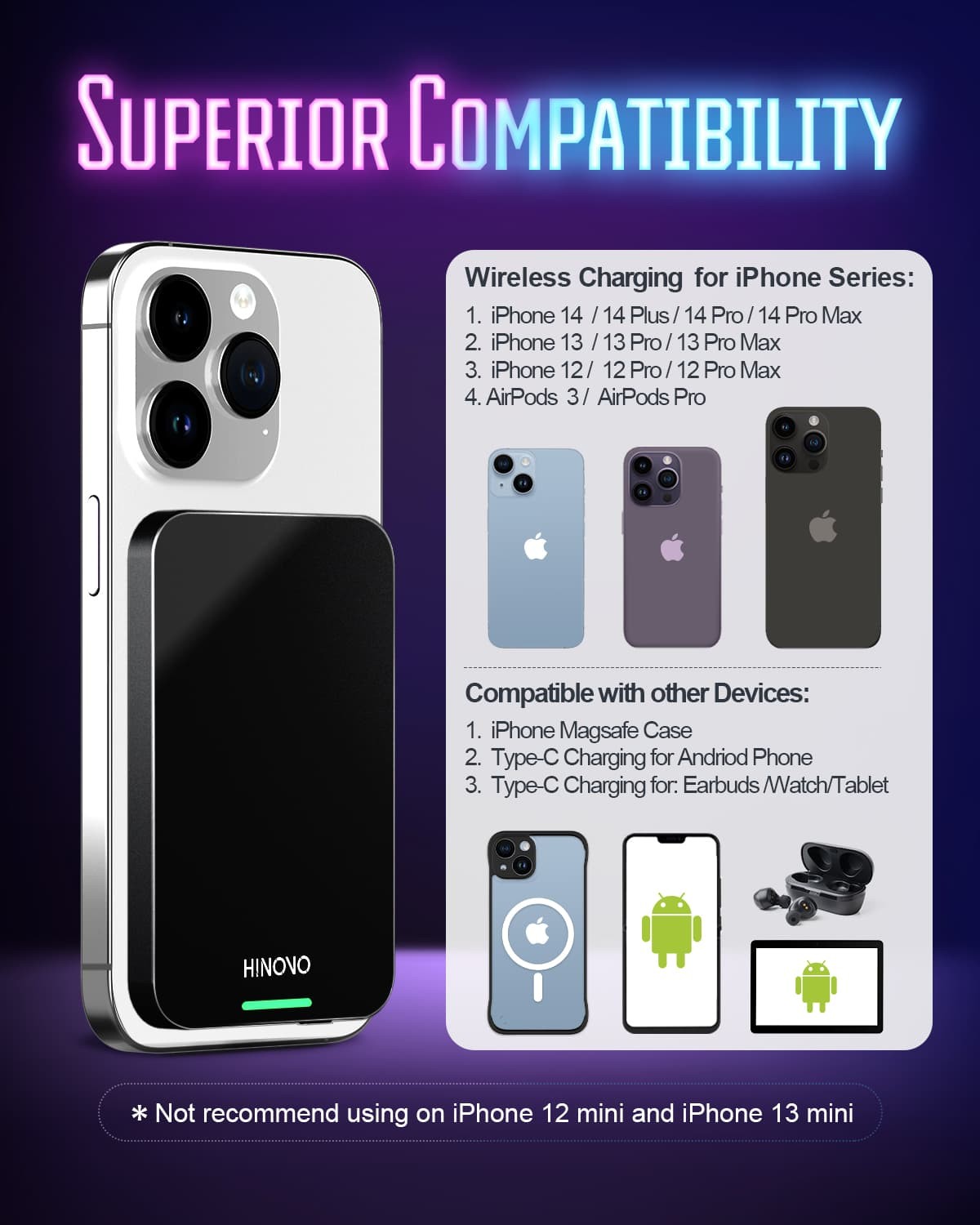 Bezdrátová přenosná nabíječka HINOVO MB1-5000xb, magnetická bezdrátová powerbanka 5000 mAh, rychlé nabíjení PD 20 W, kyberpunkový styl