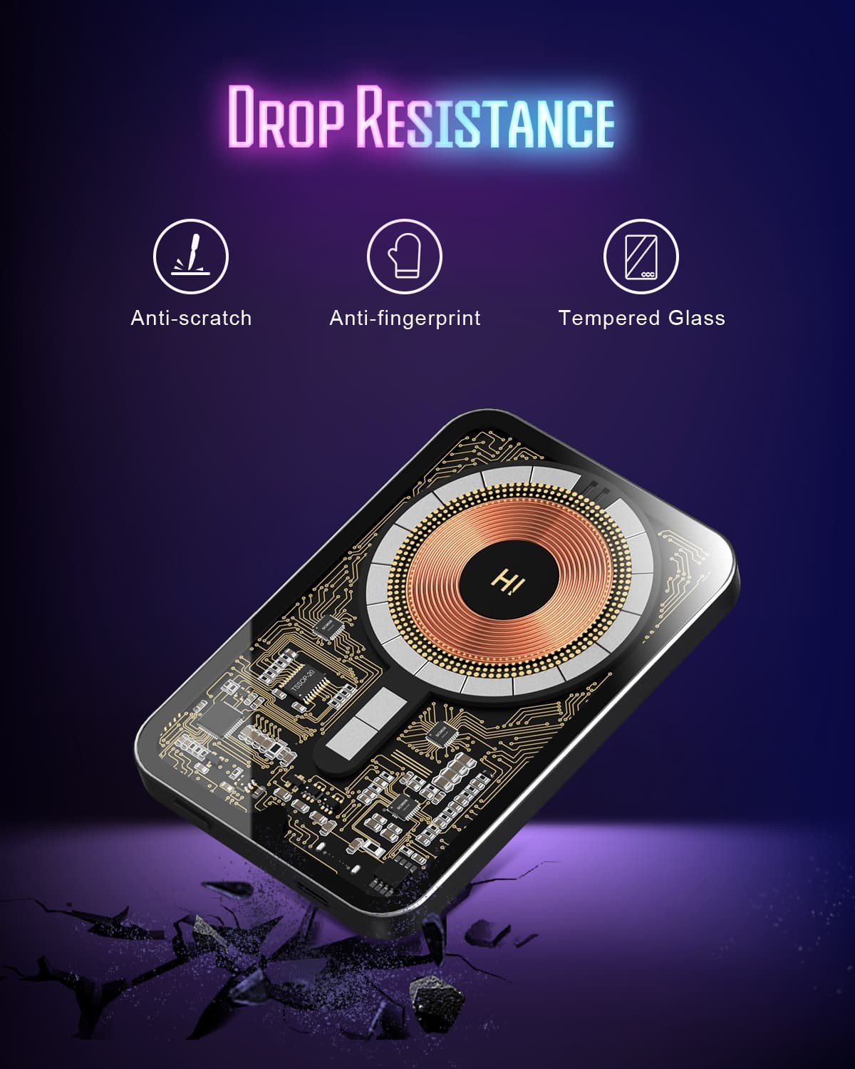 Bezdrátová přenosná nabíječka HINOVO MB1-5000xb, magnetická bezdrátová powerbanka 5000 mAh, rychlé nabíjení PD 20 W, kyberpunkový styl