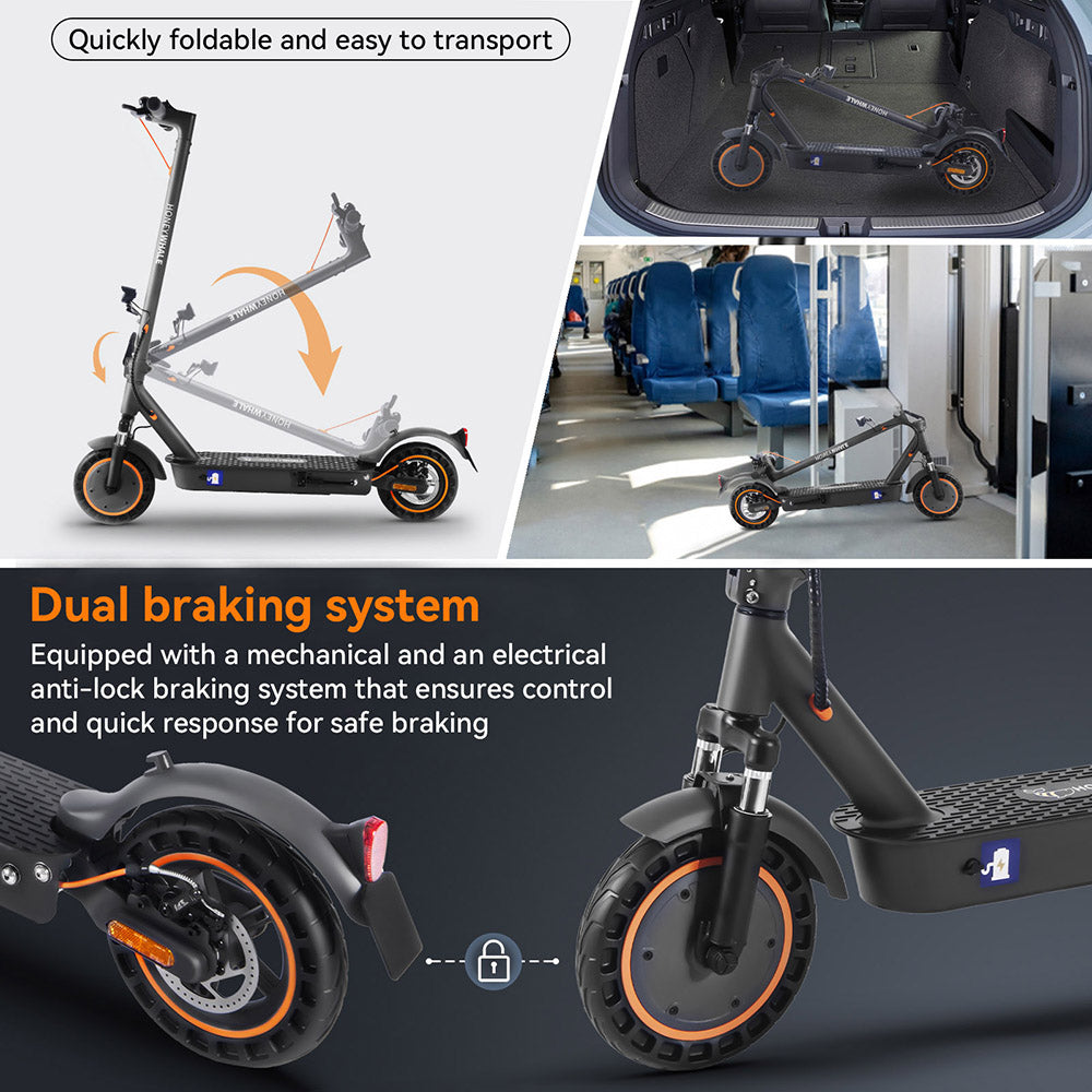 Elektrická koloběžka HONEY WHALE E9 MAX, motor 500 W, baterie 36 V 10 Ah, pneumatiky 10 palců, maximální rychlost 20 km/h, dojezd 35–40 km, mechanická a elektronická brzda, certifikace ABE