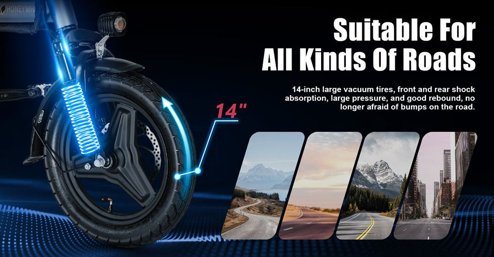 Elektrokolo HONEYWHALE S6 Pro 14 palců, bezkartáčový motor 350 W, 25 km/h, baterie 48 V 15 Ah, dojezd 45–55 km, šest tlumičů, kotoučové brzdy – šedé