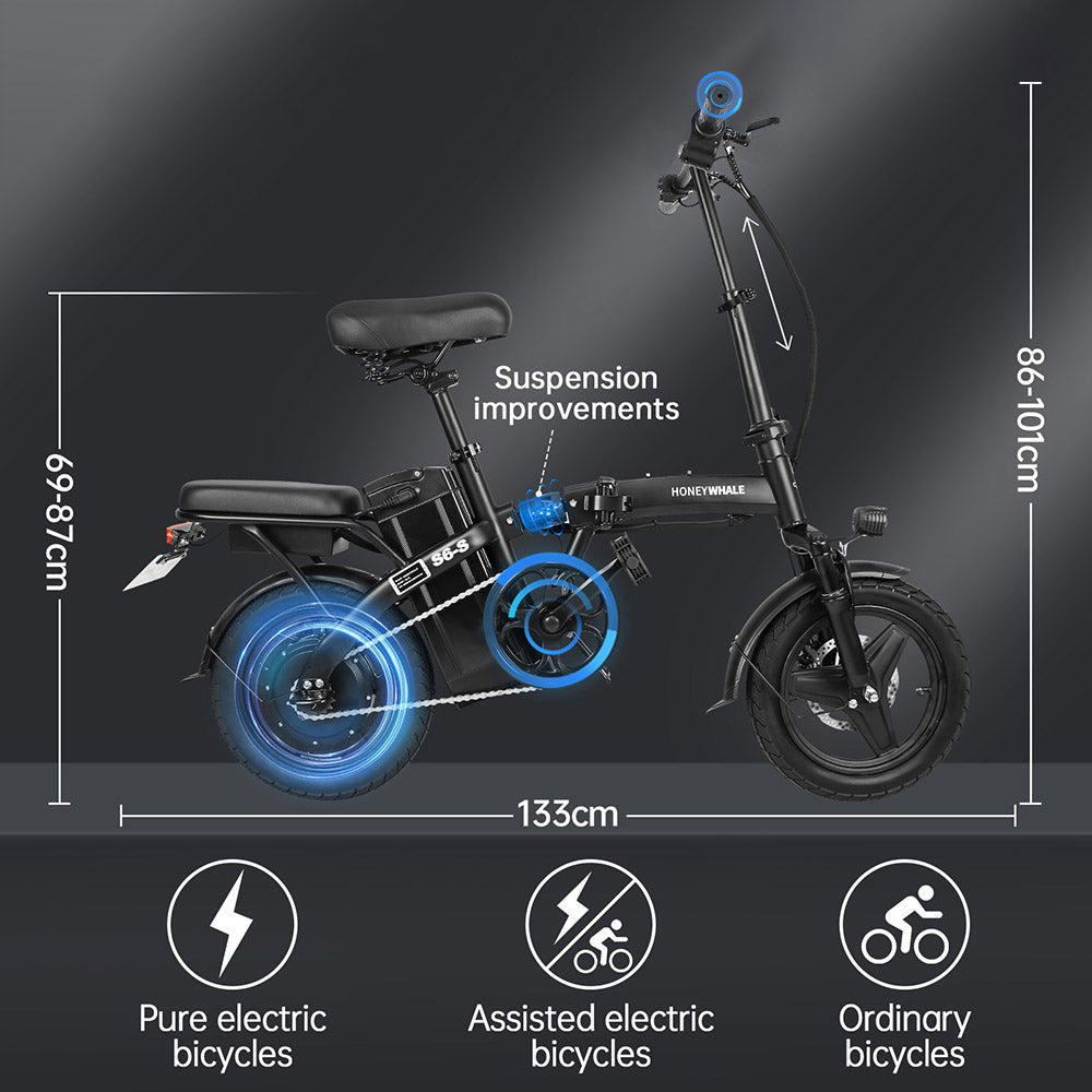 HONEYWHALE S6-S 14palcové elektrické kolo 350W bezkartáčový motor 48V 10,4Ah baterie 35km/h maximální rychlost dvojitá kotoučová brzda - černá