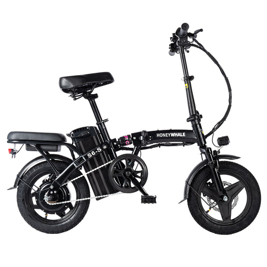 HONEYWHALE S6-S 14-inch Folding Electric Bike 250W Motor 48V 10.4Ah Battery 25km/h Front and Middle Suspension Damping Dual Disc Brake LCD Monitor 30-40km Range in Pure power mode - Black