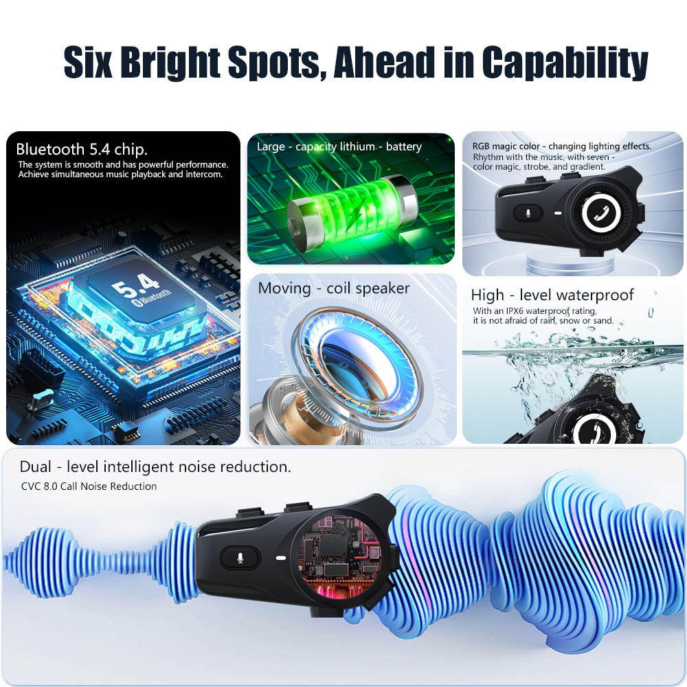 Bluetooth sluchátka k přilbě Houtonsen FX2 s vysokým rozlišením zvuku a 6barevnými oslnivými světly - černá