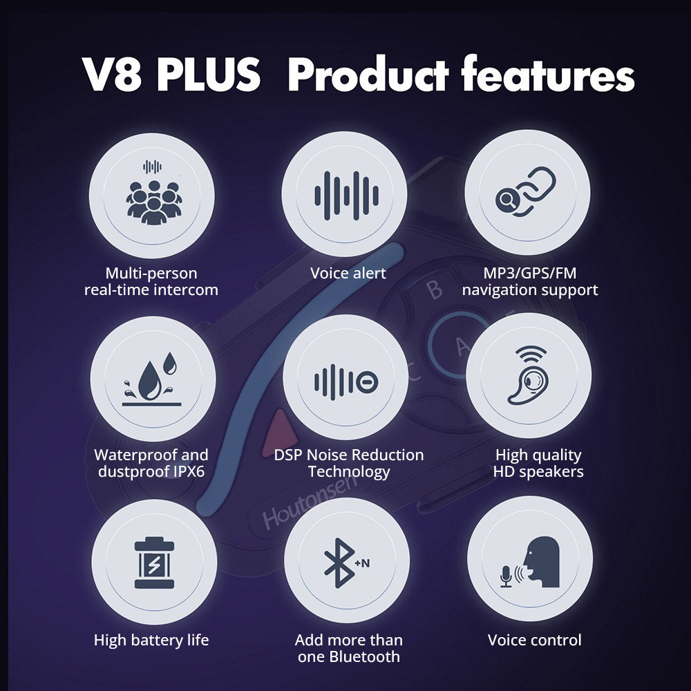 Sluchátka s mikrofonem pro motocyklovou helmu Houtonsen V8 Plus, interkom pro 2 osoby 1000M, výdrž baterie 30 hodin, redukce hluku, podpora navigace MP3/GPS/FM, hlasový asistent s umělou inteligencí, vodotěsnost IPX67, Bluetooth 5.2 - balení 1 ks