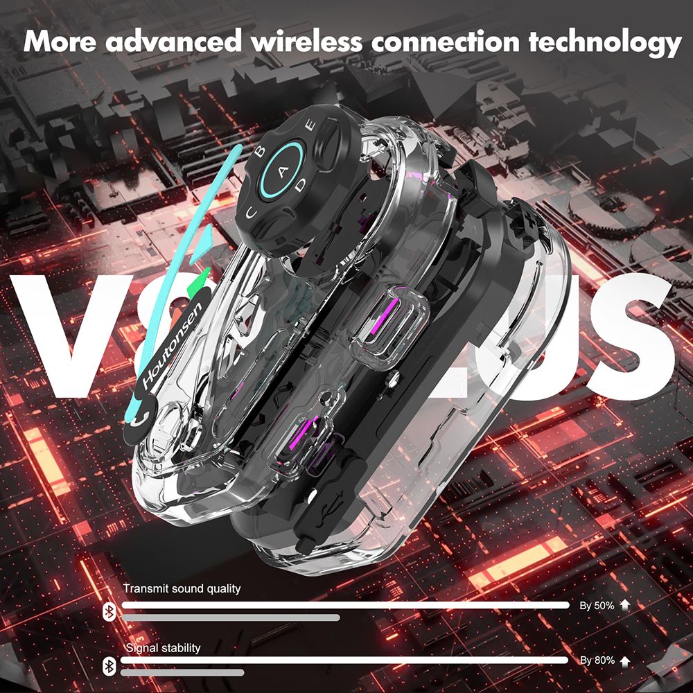 Sluchátka s mikrofonem pro motocyklovou helmu Houtonsen V8 Plus, interkom pro 2 osoby 1000M, výdrž baterie 30 hodin, redukce hluku, podpora navigace MP3/GPS/FM, hlasový asistent s umělou inteligencí, vodotěsnost IPX67, Bluetooth 5.2 - balení 1 ks