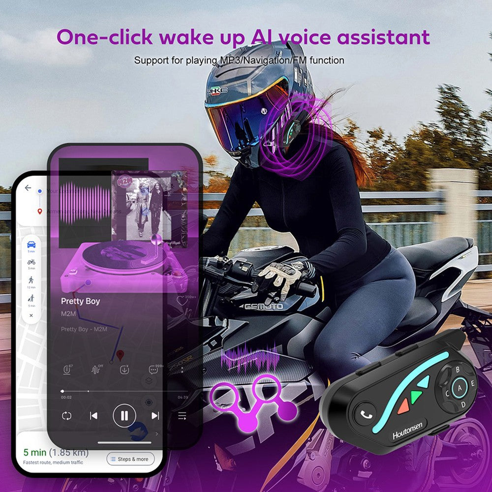 Sluchátka s mikrofonem pro motocyklovou helmu Houtonsen V8 Plus, interkom pro 2 osoby 1000M, výdrž baterie 30 hodin, redukce hluku, podpora navigace MP3/GPS/FM, hlasový asistent s umělou inteligencí, vodotěsnost IPX67, Bluetooth 5.2 - balení 1 ks