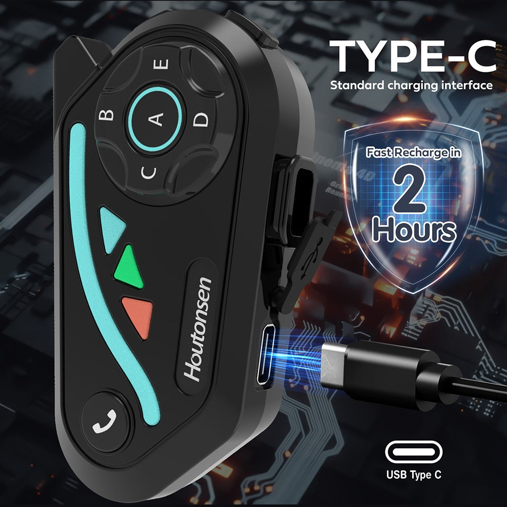 Sluchátka s mikrofonem pro motocyklovou helmu Houtonsen V8 Plus, interkom pro 2 osoby 1000M, výdrž baterie 30 hodin, redukce hluku, podpora navigace MP3/GPS/FM, hlasový asistent s umělou inteligencí, vodotěsnost IPX67, Bluetooth 5.2 - balení 1 ks