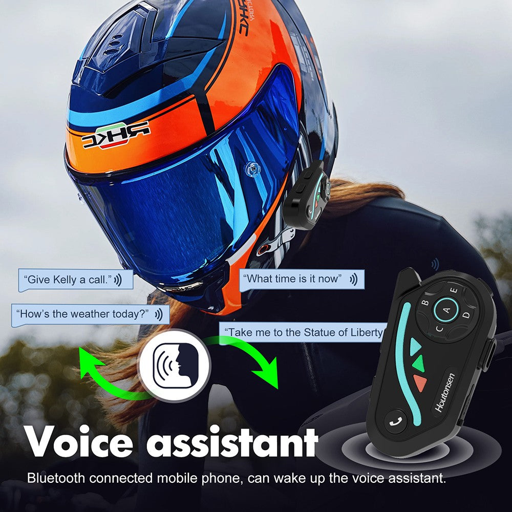 Sluchátka s mikrofonem pro motocyklovou helmu Houtonsen V8 Plus, interkom pro 2 osoby 1000M, výdrž baterie 30 hodin, redukce hluku, podpora navigace MP3/GPS/FM, hlasový asistent s umělou inteligencí, vodotěsnost IPX67, Bluetooth 5.2 - balení 1 ks