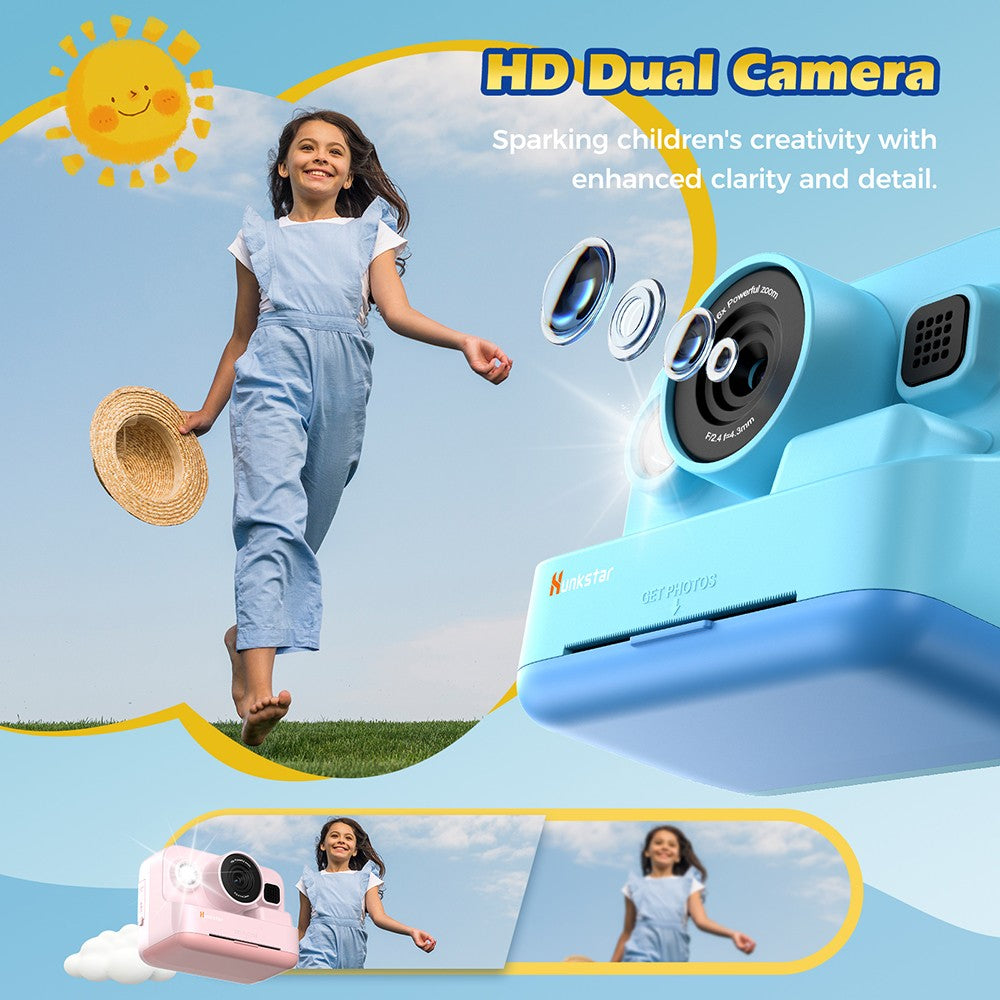 Hunkstar HC200 fotoaparát s okamžitým tiskem pro děti, s 32GB SD kartou, narozeninové dárky pro dívky a chlapce ve věku 3-12 let, HD digitální videokamery, přenosná hračka, modrá