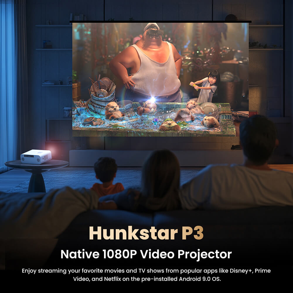 Projektor Hunkstar P3 1000 ANSI pro Android, nativní rozlišení 1080p, dekódování 4K, HDR10, automatická korekce lichoběžníkového zkreslení a automatické ostření, Android 9.0, Bluetooth 5.0, WiFi 6, 2x5W reproduktory