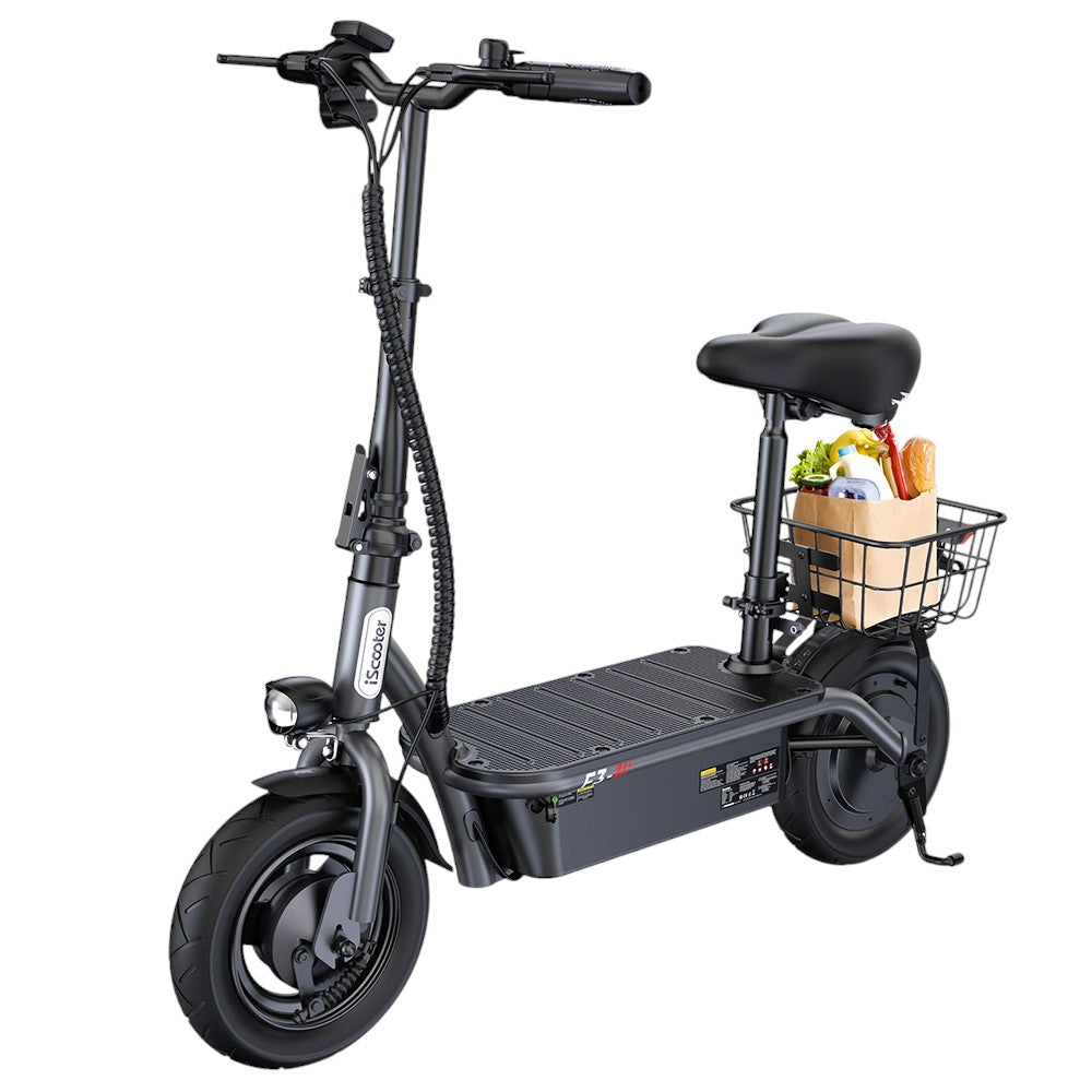 iScooter F3 Electric Scooter with Seat &amp; Rear Basket, 1000W Motor, 48V 13Ah Battery, 10 inch Pneumatic Tire, 45km/h Max Speed, 60km Range, Front &amp; Rear Drum Brake, 120kg Max Load