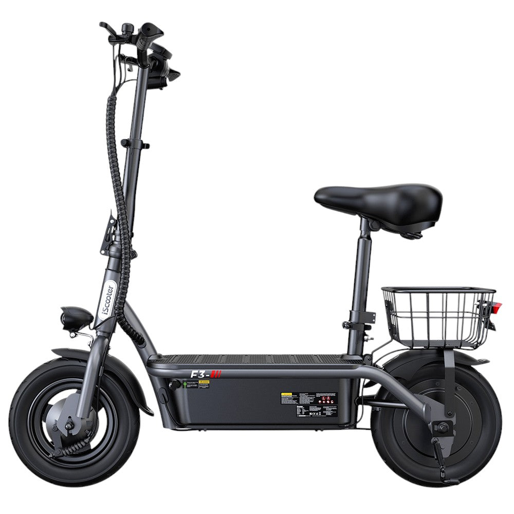 iScooter F3 Electric Scooter with Seat &amp; Rear Basket, 1000W Motor, 48V 13Ah Battery, 10 inch Pneumatic Tire, 45km/h Max Speed, 60km Range, Front &amp; Rear Drum Brake, 120kg Max Load