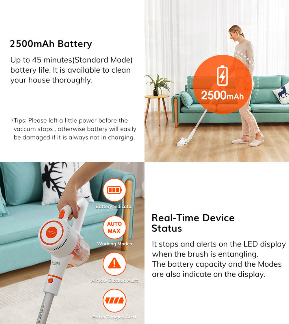 Bezdrátový tyčový vysavač EASINE by ILIFE G80, ruční bezdrátový vysavač, sací tlak 22 kPa, LED displej, doba provozu 45 minut