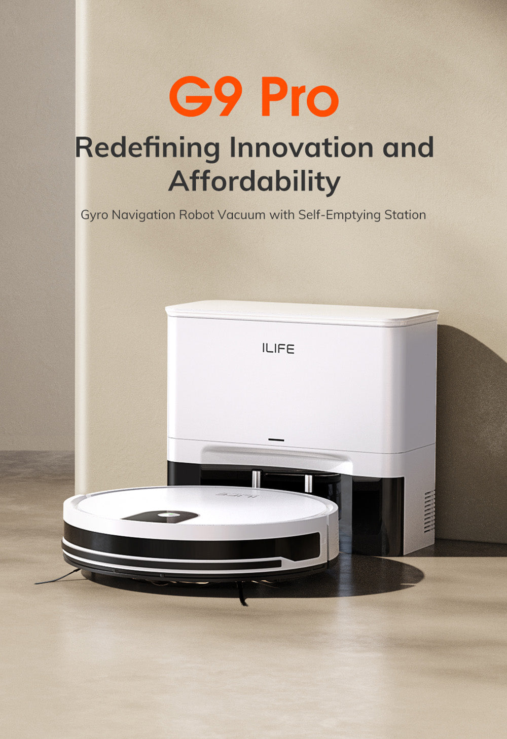 Robotický vysavač ILIFE G9 Pro, se samovyprazdňovací stanicí, gyroskopickou navigací, sacím tlakem 3000 Pa, dobou provozu 100 minut, sáčkem na prach o objemu 2,5 l, režimem Plan/Edge/Spot/Max, podporou Alexa/Google Home, s dálkovým ovládáním, bílý