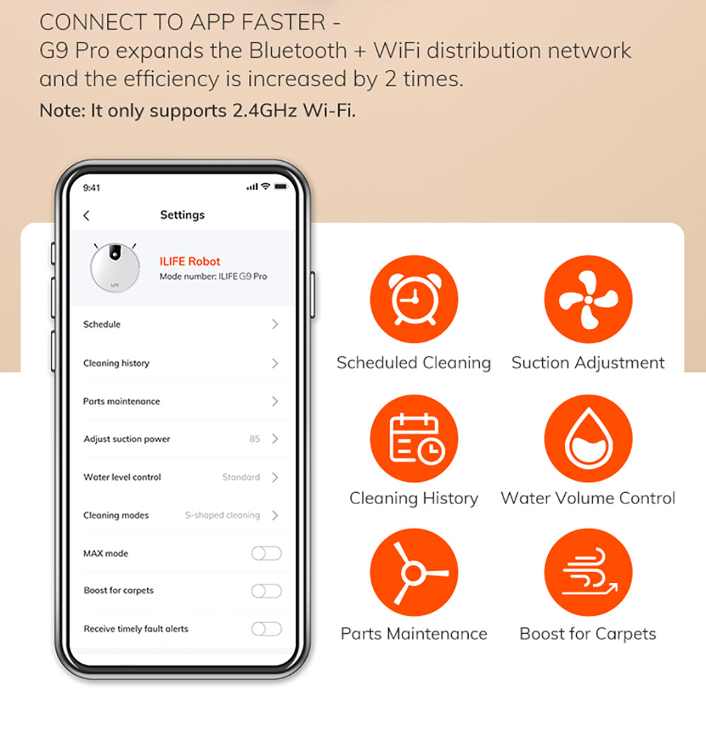 Robotický vysavač ILIFE G9 Pro, se samovyprazdňovací stanicí, gyroskopickou navigací, sacím tlakem 3000 Pa, dobou provozu 100 minut, sáčkem na prach o objemu 2,5 l, režimem Plan/Edge/Spot/Max, podporou Alexa/Google Home, s dálkovým ovládáním, bílý