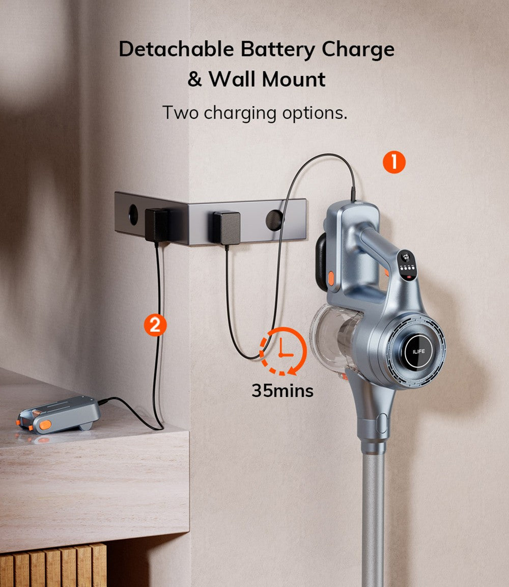 Bezdrátový vysavač ILIFE H80, sací tlak 20 kPa, maximální doba provozu 35 minut, LED světla, 5stupňová filtrace, nádoba na prach 0,55 l, teleskopická trubka, šedý