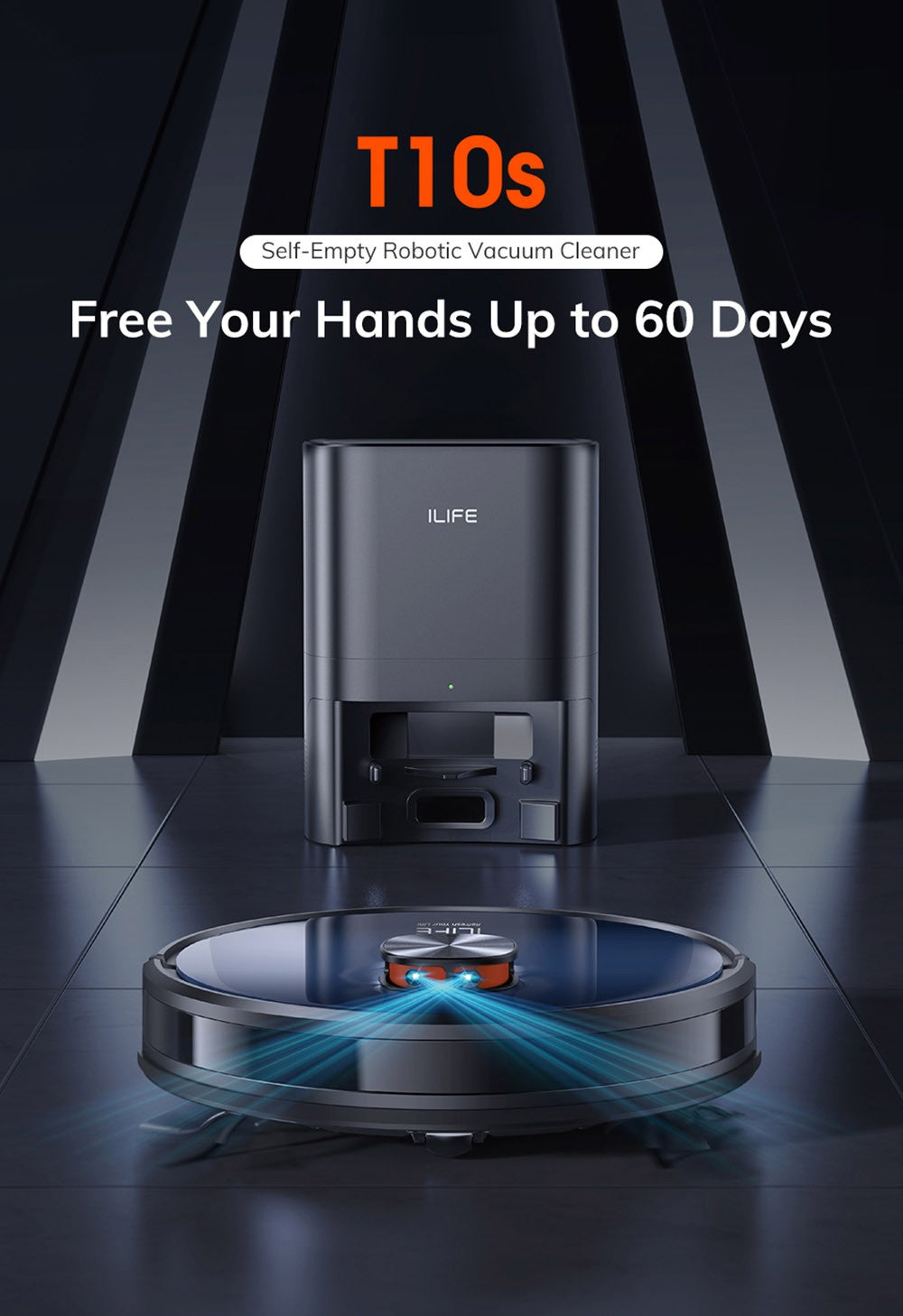 Robotický vysavač ILIFE T10s, vysavač a mop 2 v 1, samovyprazdňovací stanice, sací tlak 3000 Pa, sáček na prach 2,5 l, navigace LDS, výdrž baterie 150 minut, uložení až 5 map, aplikace a hlasové ovládání - přechodově modrá