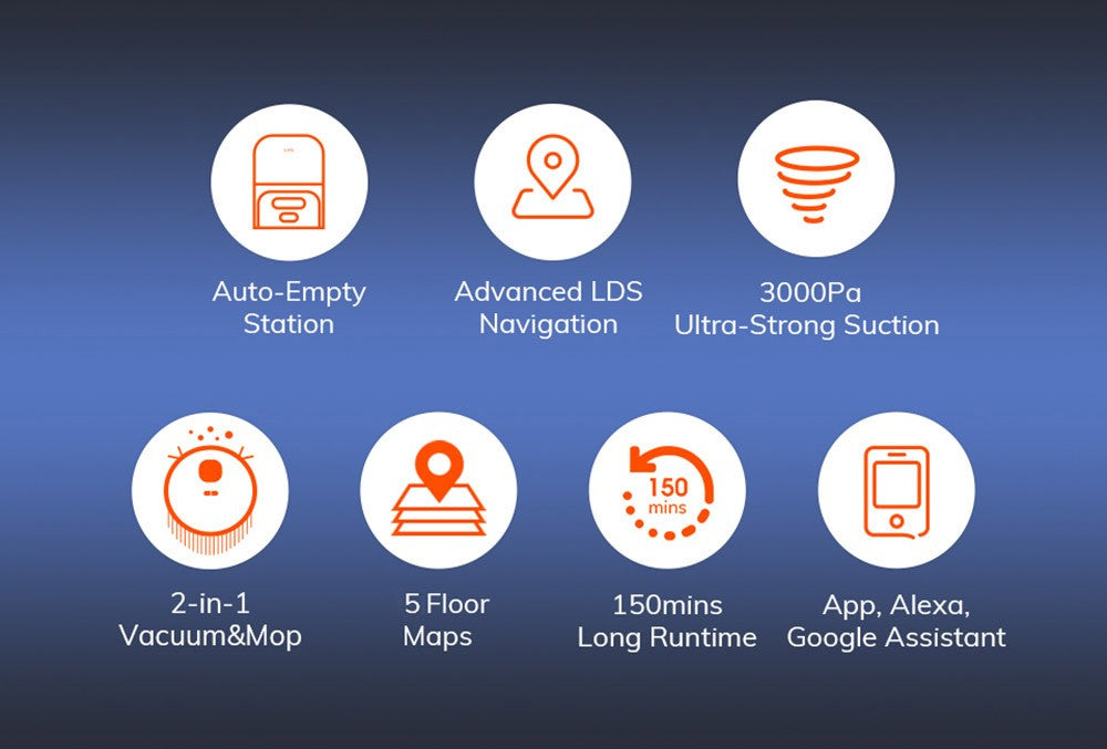 Robotický vysavač ILIFE T10s, vysavač a mop 2 v 1, samovyprazdňovací stanice, sací tlak 3000 Pa, sáček na prach 2,5 l, navigace LDS, výdrž baterie 150 minut, uložení až 5 map, aplikace a hlasové ovládání - přechodově modrá