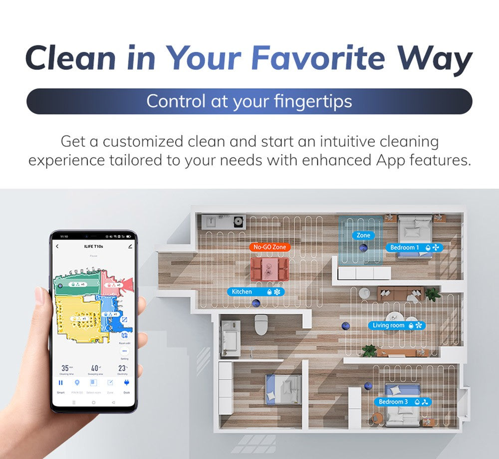 Robotický vysavač ILIFE T10s, vysavač a mop 2 v 1, samovyprazdňovací stanice, sací tlak 3000 Pa, sáček na prach 2,5 l, navigace LDS, výdrž baterie 150 minut, uložení až 5 map, aplikace a hlasové ovládání - přechodově modrá