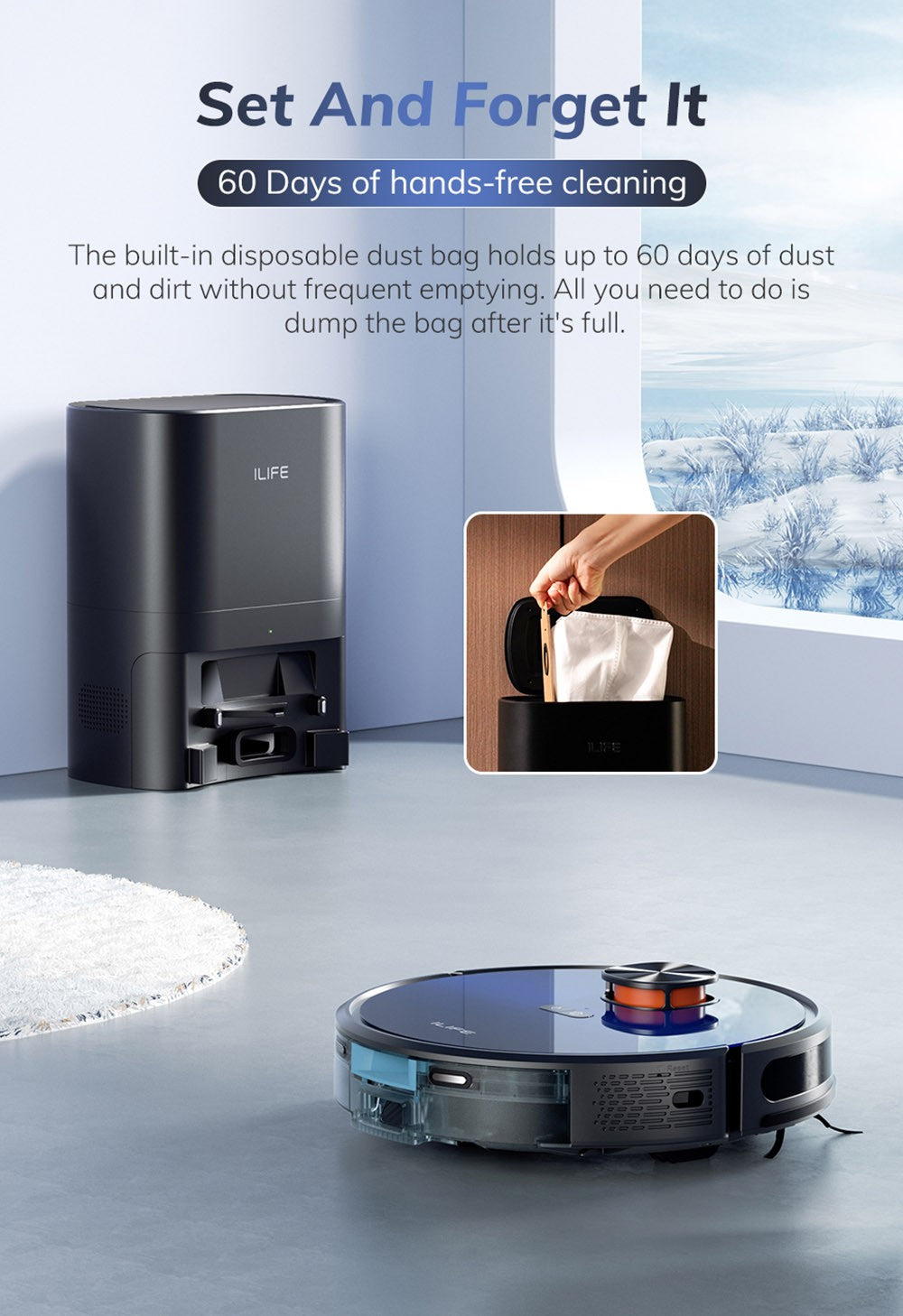 Robotický vysavač ILIFE T10s, vysavač a mop 2 v 1, samovyprazdňovací stanice, sací tlak 3000 Pa, sáček na prach 2,5 l, navigace LDS, výdrž baterie 150 minut, uložení až 5 map, aplikace a hlasové ovládání - přechodově modrá