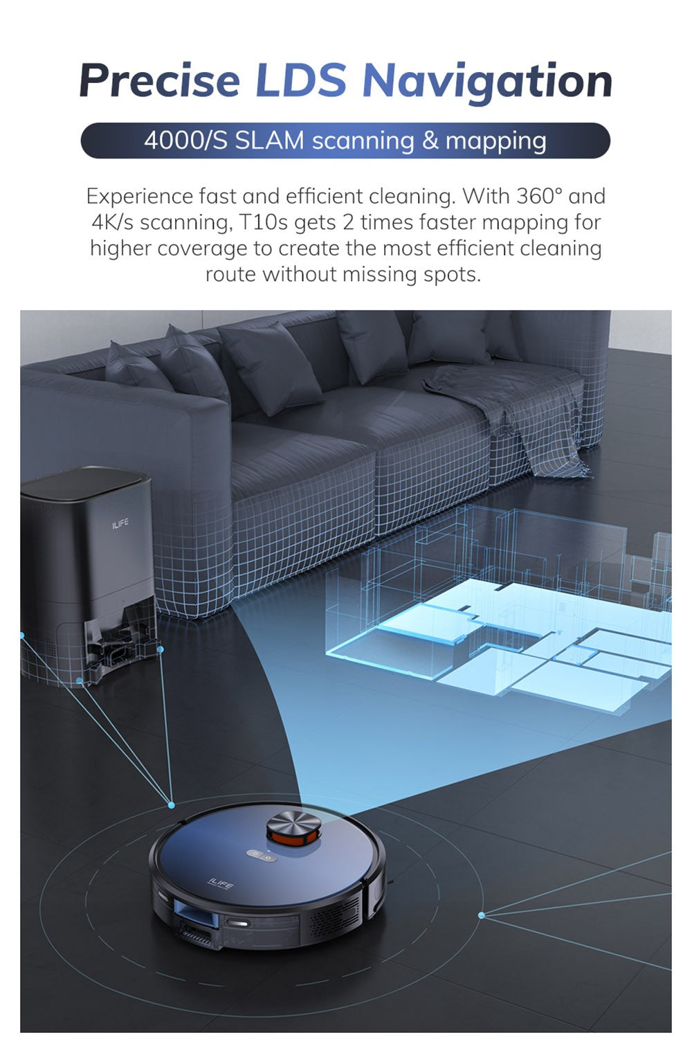 Robotický vysavač ILIFE T10s, vysavač a mop 2 v 1, samovyprazdňovací stanice, sací tlak 3000 Pa, sáček na prach 2,5 l, navigace LDS, výdrž baterie 150 minut, uložení až 5 map, aplikace a hlasové ovládání - přechodově modrá