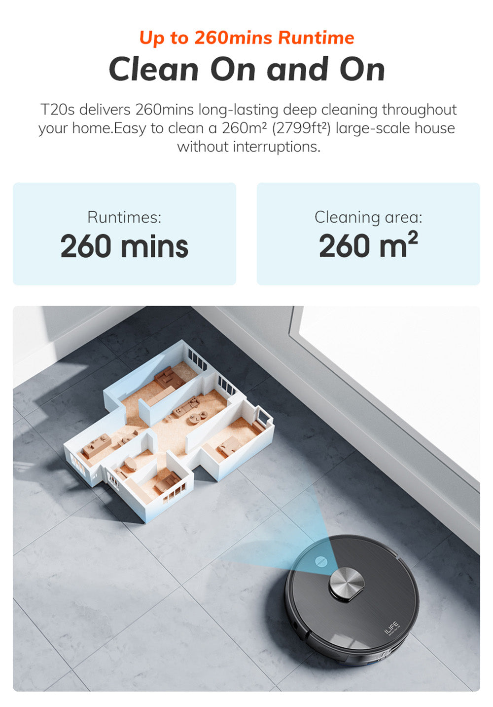 Robotický vysavač ILIFE T20S, sací výkon 5000 Pa, doba provozu 260 minut, samovyprazdňovací systém stanice, navigace LDS, ovládání aplikací, prachový sáček 3,5 l - černý