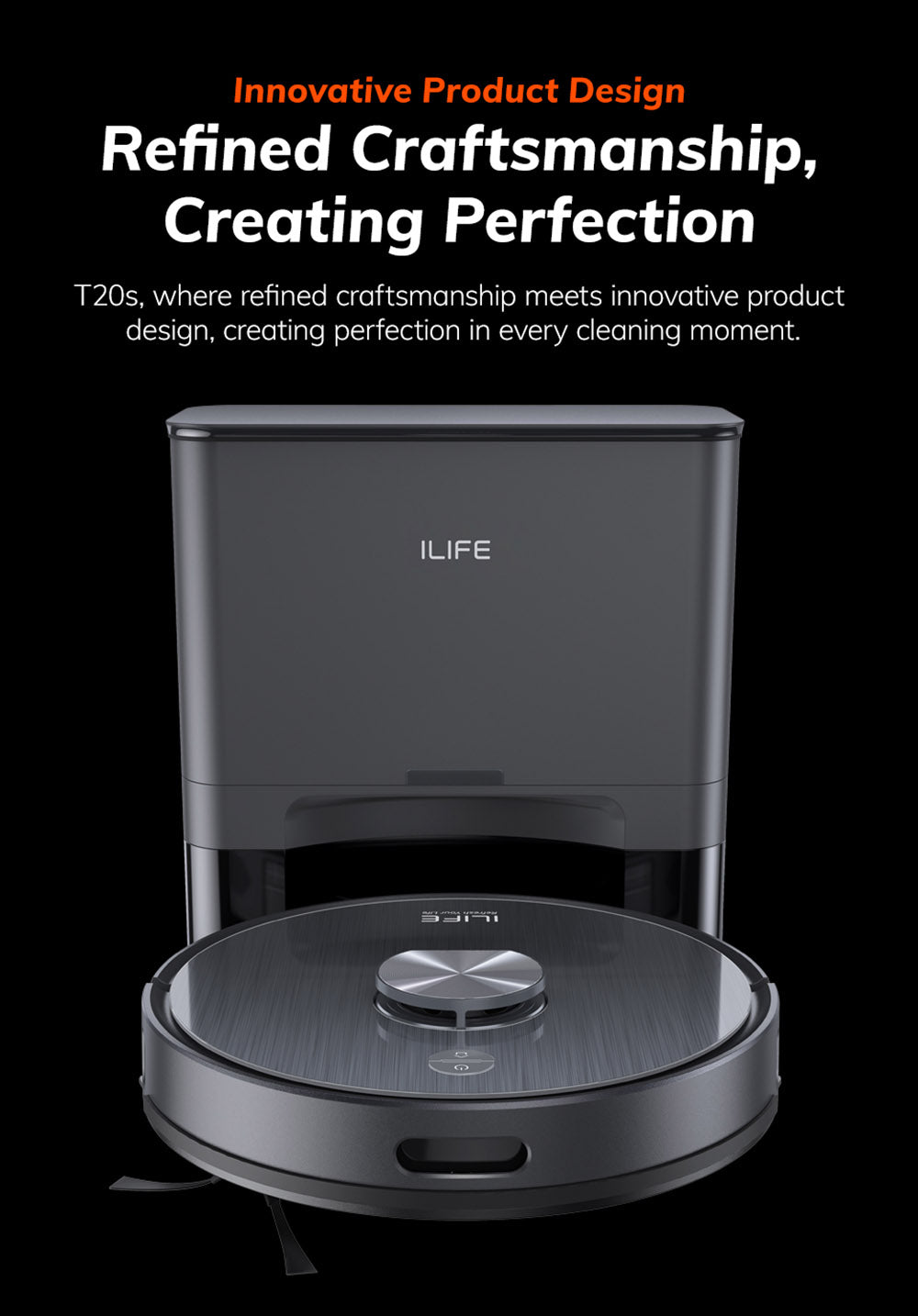 Robotický vysavač ILIFE T20S, sací výkon 5000 Pa, doba provozu 260 minut, samovyprazdňovací systém stanice, navigace LDS, ovládání aplikací, prachový sáček 3,5 l - černý