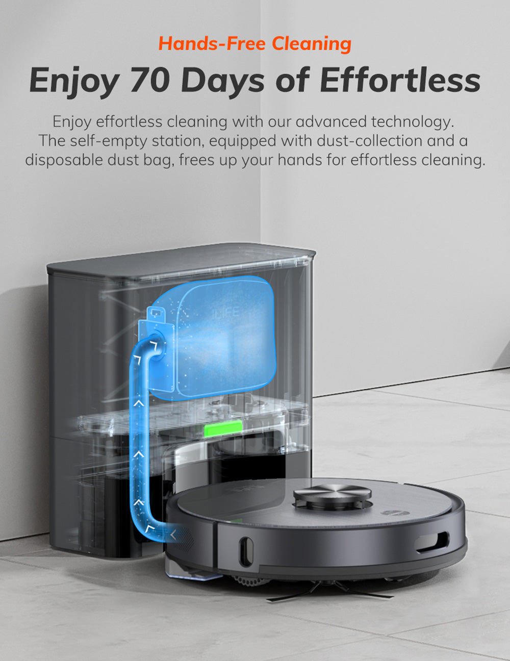 Robotický vysavač ILIFE T20S, sací výkon 5000 Pa, doba provozu 260 minut, samovyprazdňovací systém stanice, navigace LDS, ovládání aplikací, prachový sáček 3,5 l - černý