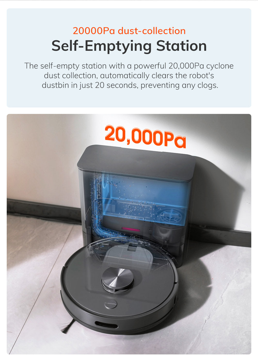 Robotický vysavač ILIFE T20S, sací výkon 5000 Pa, doba provozu 260 minut, samovyprazdňovací systém stanice, navigace LDS, ovládání aplikací, prachový sáček 3,5 l - černý