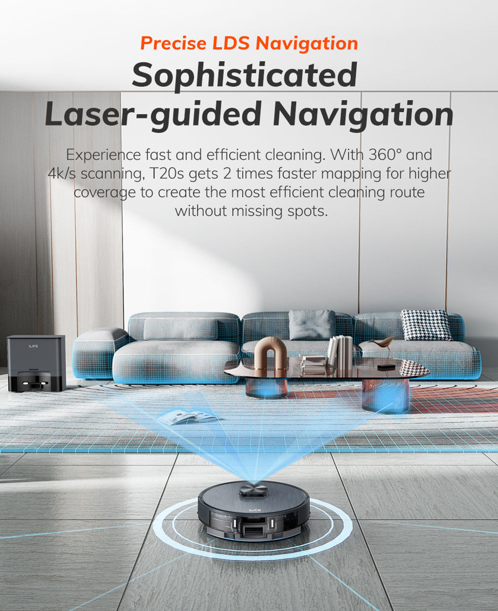 Robotický vysavač ILIFE T20S, sací výkon 5000 Pa, doba provozu 260 minut, samovyprazdňovací systém stanice, navigace LDS, ovládání aplikací, prachový sáček 3,5 l - černý