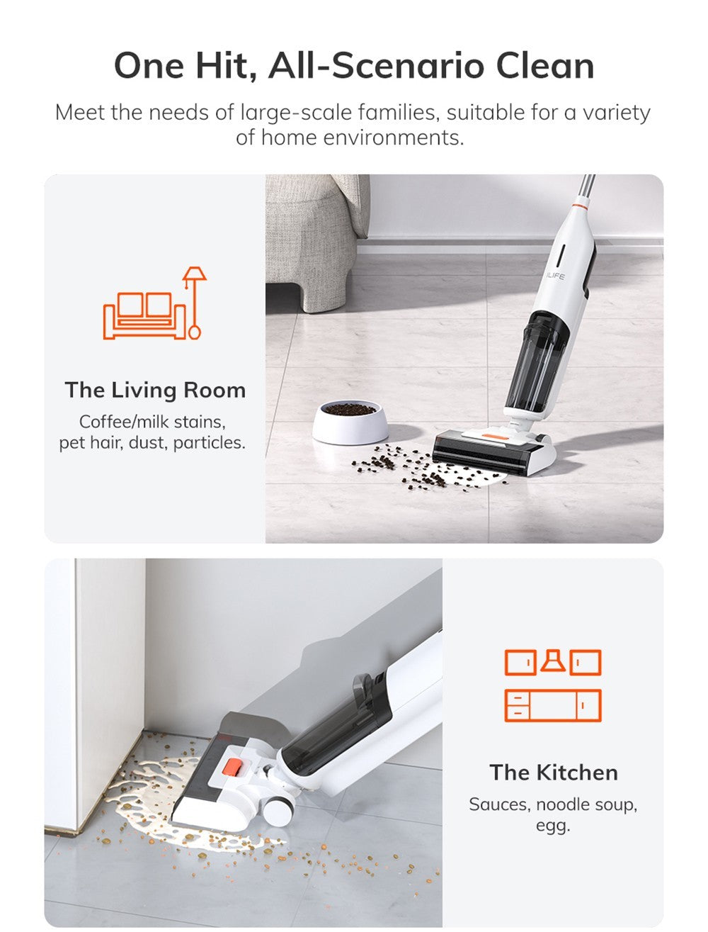 Bezdrátový mokro-suchý vysavač ILIFE W90, 3v1 vysávání a mytí, samočištění, 700ml nádrž na vodu, 30minutová výdrž, baterie 3000mAh, hlasové připomenutí - bílý