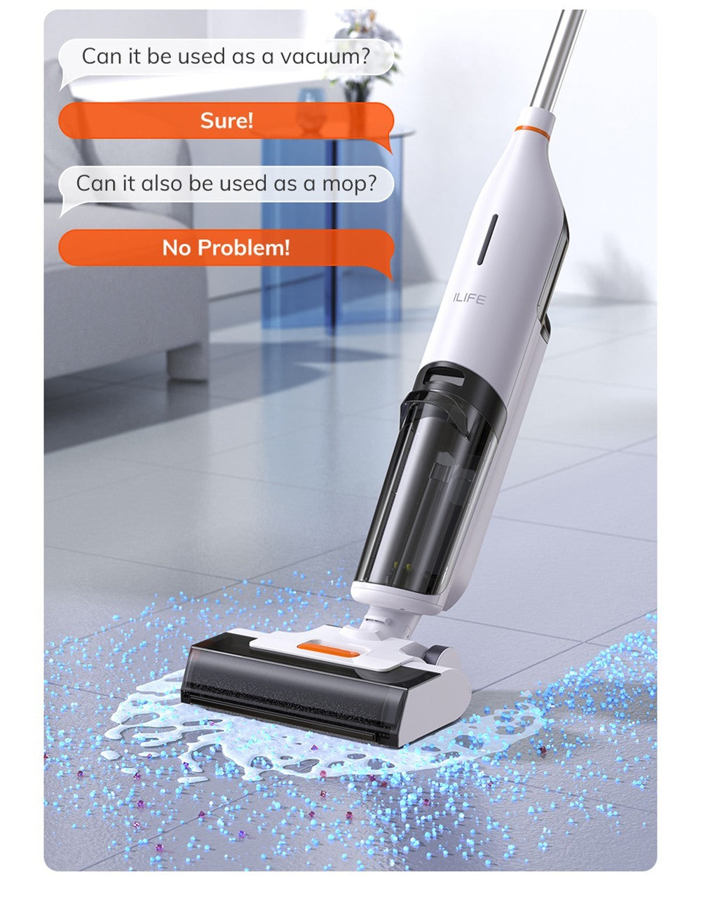 Bezdrátový mokro-suchý vysavač ILIFE W90, 3v1 vysávání a mytí, samočištění, 700ml nádrž na vodu, 30minutová výdrž, baterie 3000mAh, hlasové připomenutí - bílý