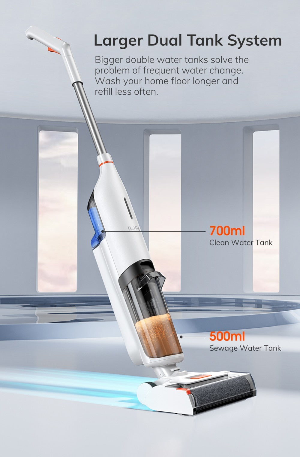 Bezdrátový mokro-suchý vysavač ILIFE W90, 3v1 vysávání a mytí, samočištění, 700ml nádrž na vodu, 30minutová výdrž, baterie 3000mAh, hlasové připomenutí - bílý