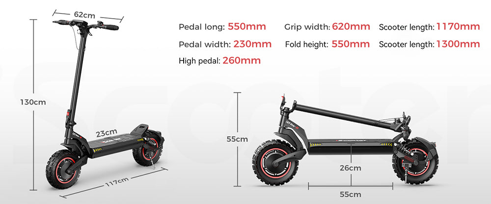Elektrická koloběžka iScooter iX7 Pro, motor 2*1000 W, baterie 48 V 17,5 Ah, 10palcové terénní pneumatiky, maximální rychlost 60 km/h, dojezd 80 km, přední a zadní kotoučové brzdy, dvojité odpružení