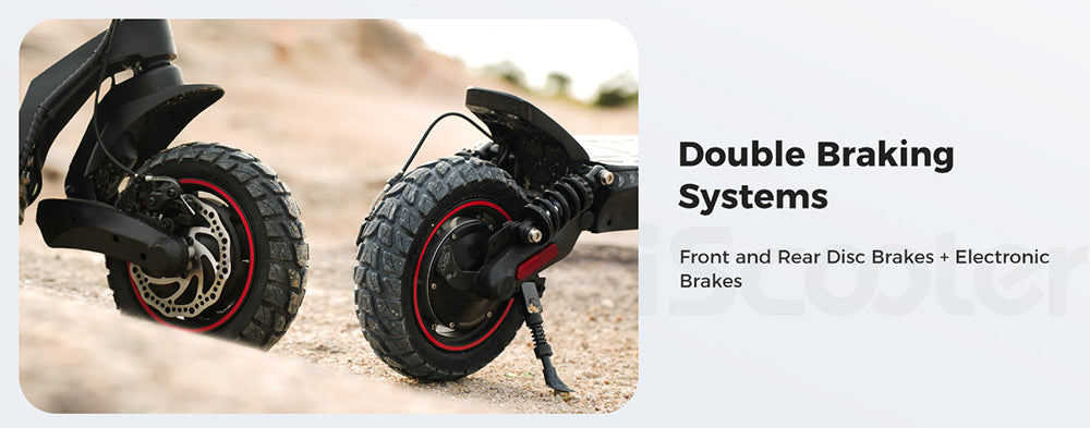 Elektrická koloběžka iScooter iX7 Pro, motor 2*1000 W, baterie 48 V 17,5 Ah, 10palcové terénní pneumatiky, maximální rychlost 60 km/h, dojezd 80 km, přední a zadní kotoučové brzdy, dvojité odpružení