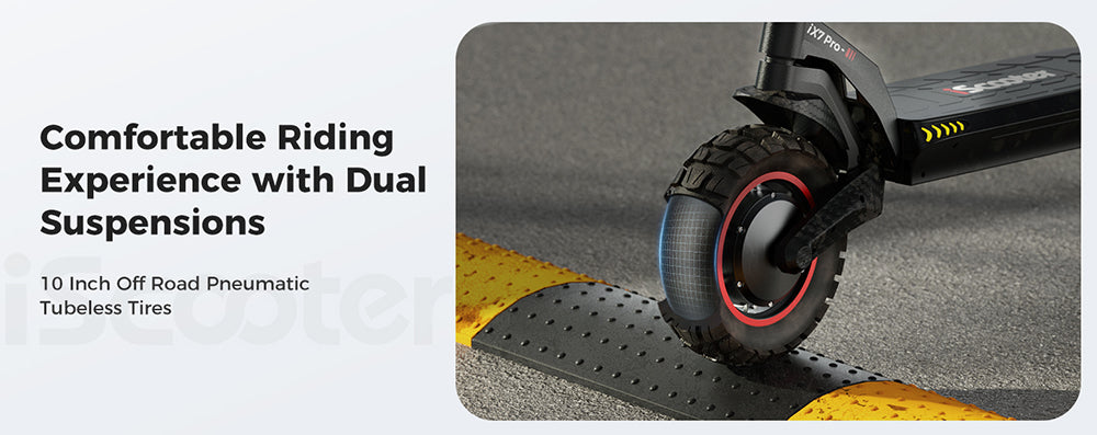 Elektrická koloběžka iScooter iX7 Pro, motor 2*1000 W, baterie 48 V 17,5 Ah, 10palcové terénní pneumatiky, maximální rychlost 60 km/h, dojezd 80 km, přední a zadní kotoučové brzdy, dvojité odpružení