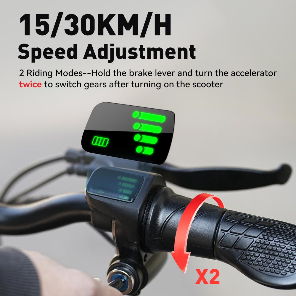 Elektrická koloběžka iScooter F2 se sedadlem a zadním košíkem, motor 500 W, baterie 36 V 7,8 Ah, pneumatiky 10 palců, maximální rychlost 30 km/h, dojezd 30 km, přední a zadní bubnové brzdy, maximální zatížení 120 kg