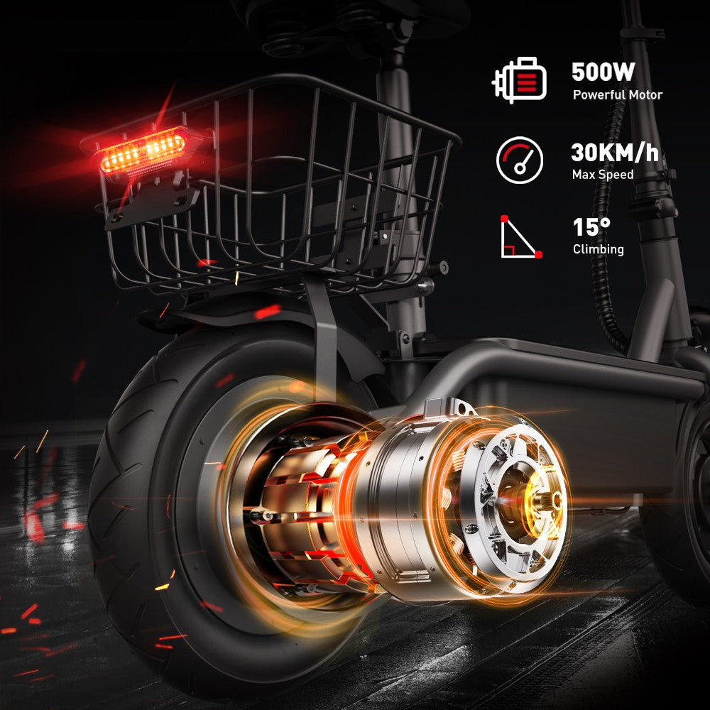 Elektrická koloběžka iScooter F2 se sedadlem a zadním košíkem, motor 500 W, baterie 36 V 7,8 Ah, pneumatiky 10 palců, maximální rychlost 30 km/h, dojezd 30 km, přední a zadní bubnové brzdy, maximální zatížení 120 kg