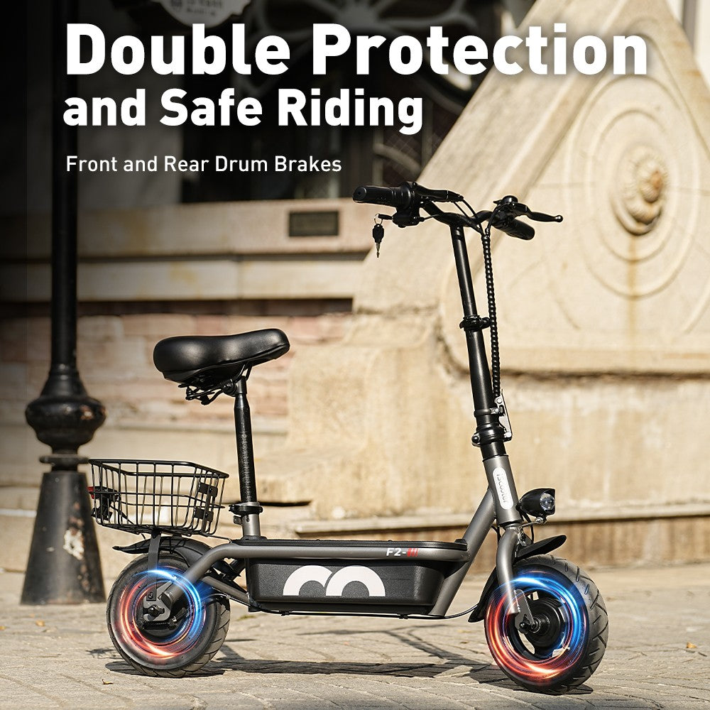 Elektrická koloběžka iScooter F2 se sedadlem a zadním košíkem, motor 500 W, baterie 36 V 7,8 Ah, pneumatiky 10 palců, maximální rychlost 30 km/h, dojezd 30 km, přední a zadní bubnové brzdy, maximální zatížení 120 kg