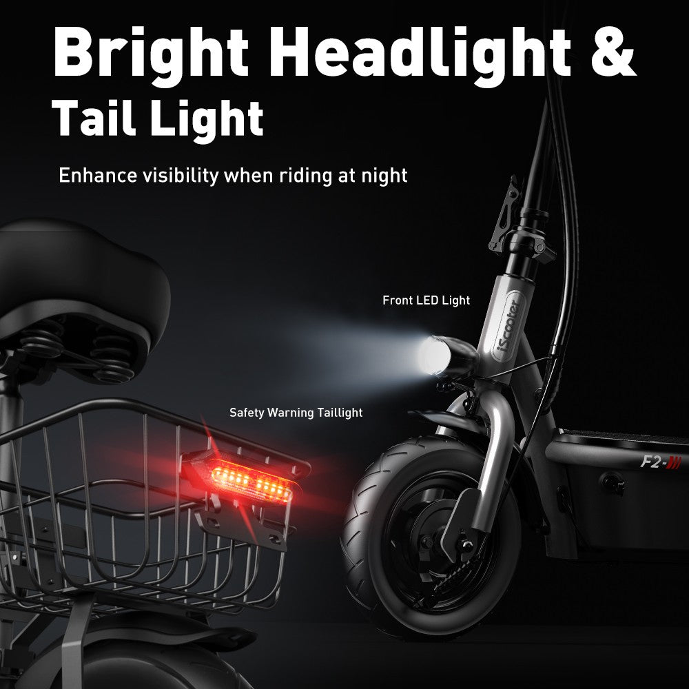 Elektrická koloběžka iScooter F2 se sedadlem a zadním košíkem, motor 500 W, baterie 36 V 7,8 Ah, pneumatiky 10 palců, maximální rychlost 30 km/h, dojezd 30 km, přední a zadní bubnové brzdy, maximální zatížení 120 kg