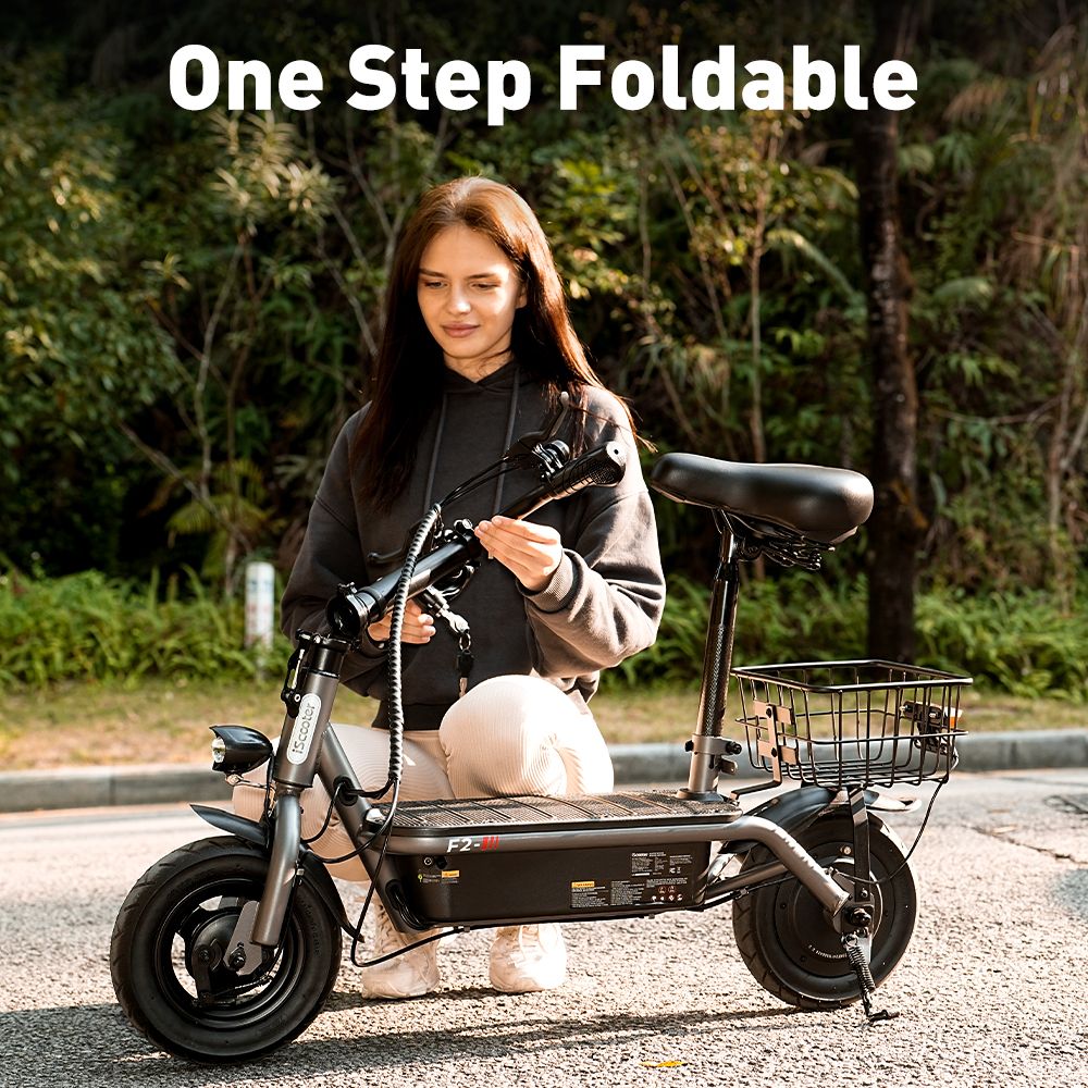 Elektrická koloběžka iScooter F2 se sedadlem a zadním košíkem, motor 500 W, baterie 36 V 7,8 Ah, pneumatiky 10 palců, maximální rychlost 30 km/h, dojezd 30 km, přední a zadní bubnové brzdy, maximální zatížení 120 kg