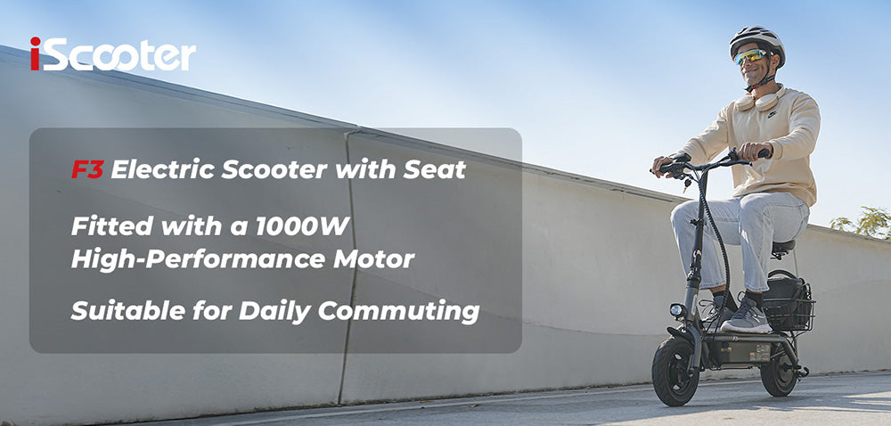 Elektrická koloběžka iScooter F3 se sedadlem a zadním košíkem, motor 1000 W, baterie 48 V 13 Ah, 10palcová pneumatika, maximální rychlost 45 km/h, dojezd 60 km, přední a zadní bubnová brzda, maximální zatížení 120 kg