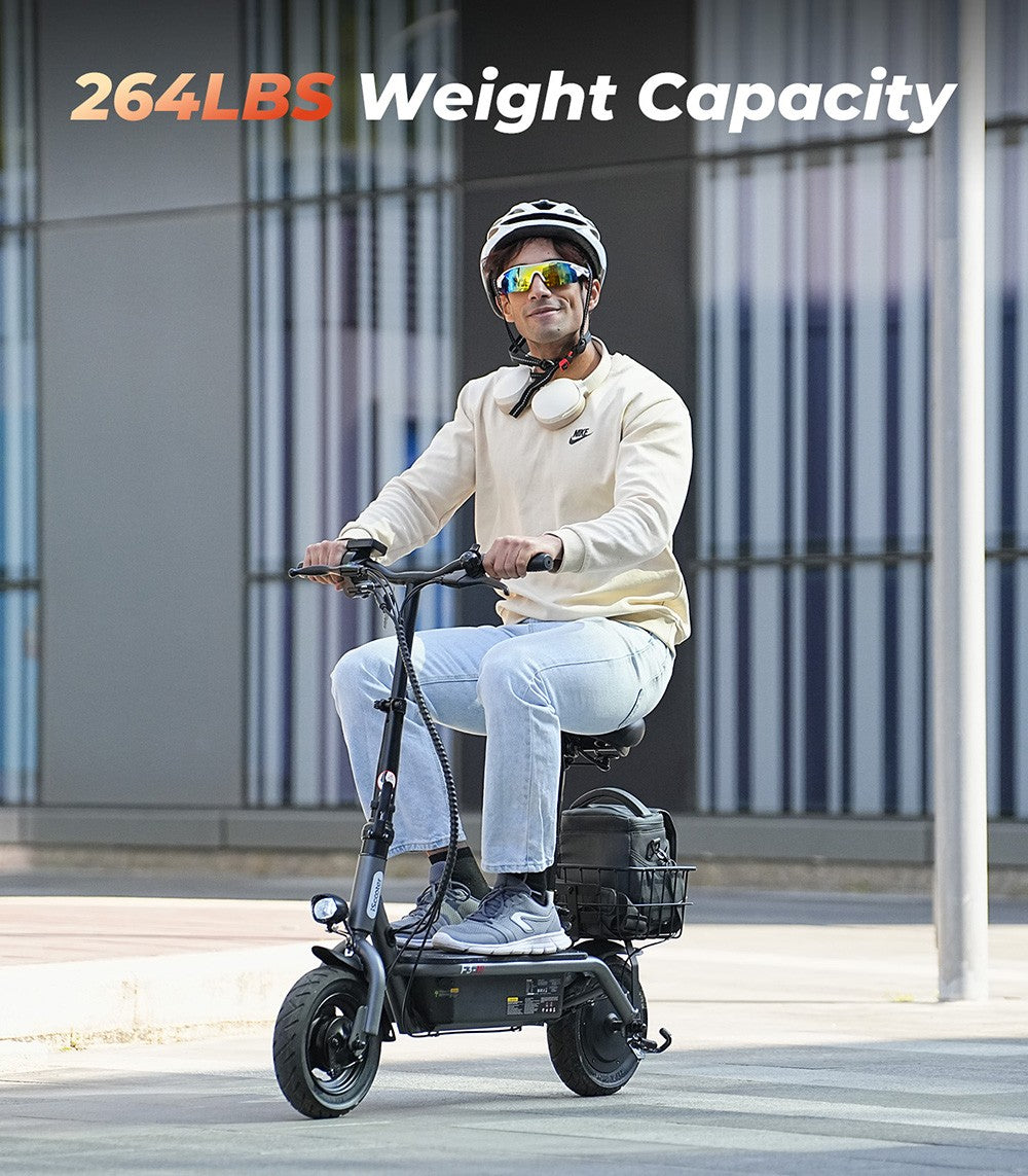 Elektrická koloběžka iScooter F3 se sedadlem a zadním košíkem, motor 1000 W, baterie 48 V 13 Ah, 10palcová pneumatika, maximální rychlost 45 km/h, dojezd 60 km, přední a zadní bubnová brzda, maximální zatížení 120 kg