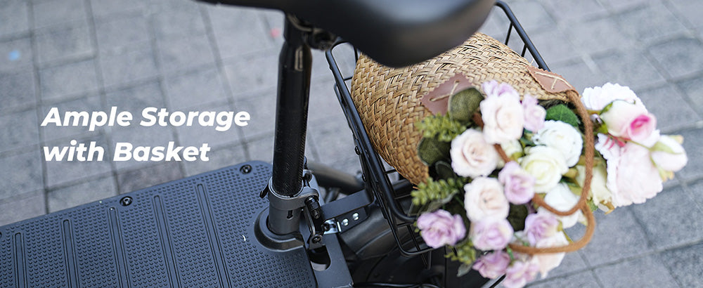 Elektrická koloběžka iScooter F3 se sedadlem a zadním košíkem, motor 1000 W, baterie 48 V 13 Ah, 10palcová pneumatika, maximální rychlost 45 km/h, dojezd 60 km, přední a zadní bubnová brzda, maximální zatížení 120 kg