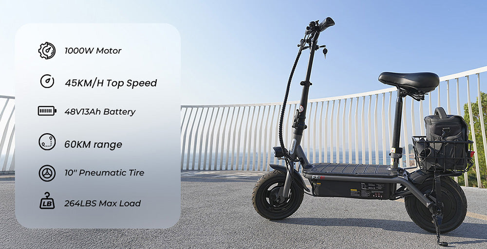 Elektrická koloběžka iScooter F3 se sedadlem a zadním košíkem, motor 1000 W, baterie 48 V 13 Ah, 10palcová pneumatika, maximální rychlost 45 km/h, dojezd 60 km, přední a zadní bubnová brzda, maximální zatížení 120 kg