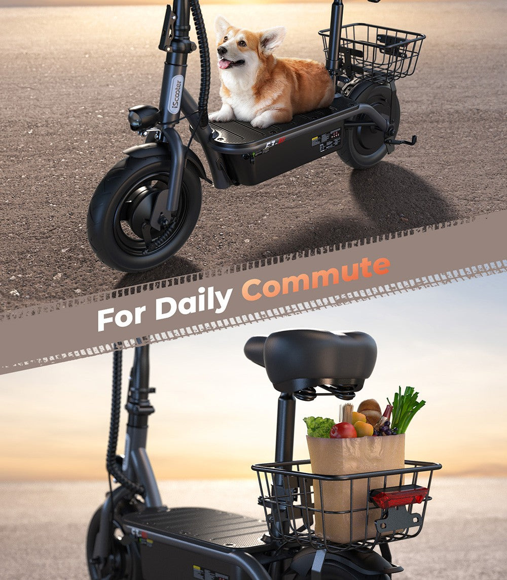 Elektrická koloběžka iScooter F3 se sedadlem a zadním košíkem, motor 1000 W, baterie 48 V 13 Ah, 10palcová pneumatika, maximální rychlost 45 km/h, dojezd 60 km, přední a zadní bubnová brzda, maximální zatížení 120 kg