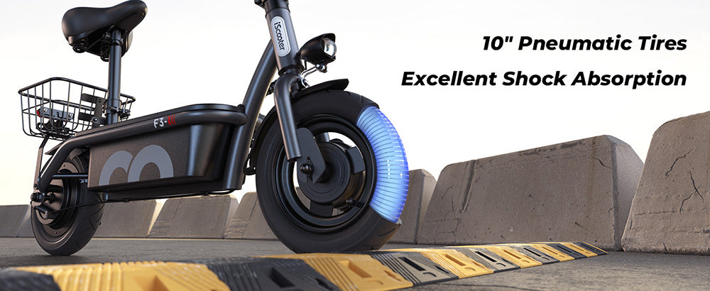 Elektrická koloběžka iScooter F3 se sedadlem a zadním košíkem, motor 1000 W, baterie 48 V 13 Ah, 10palcová pneumatika, maximální rychlost 45 km/h, dojezd 60 km, přední a zadní bubnová brzda, maximální zatížení 120 kg