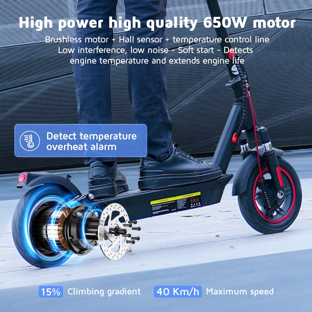 Elektrická koloběžka iScooter i10, motor 650 W, 36 V 15 Ah, 10palcová pneumatika, maximální rychlost 40 km/h, maximální dojezd 45 km, přední a zadní odpružení, elektronická brzda a kotoučová brzda