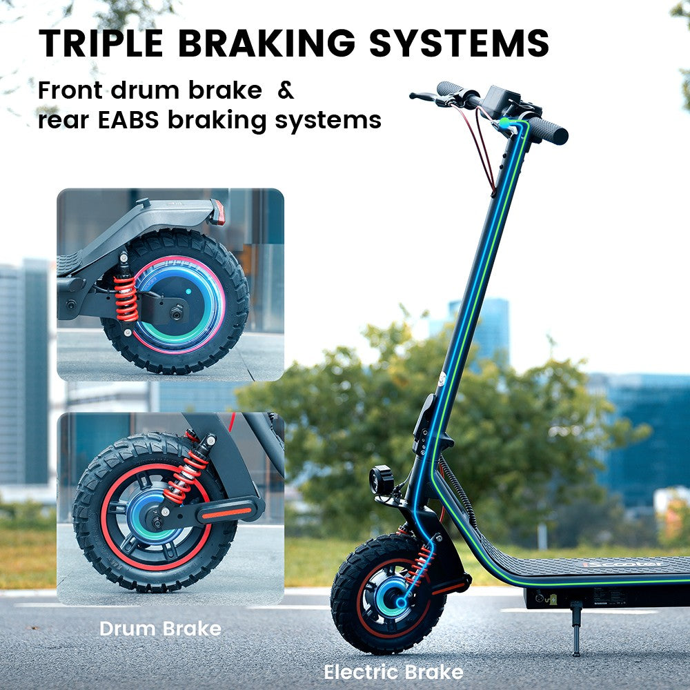 Elektrická koloběžka iScooter i10 Pro, motor 800 W, baterie 48 V 15 Ah, 10palcové pneumatiky, maximální rychlost 45 km/h, dojezd 60 km, elektronická a bubnová brzda, odpružení vpředu a vzadu, LED displej, ovládání aplikací